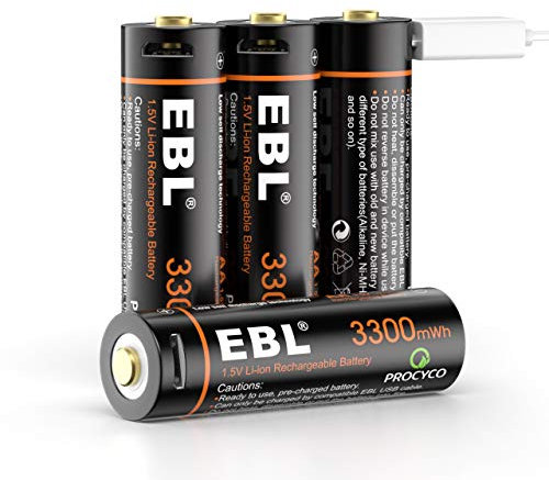 EBL Piles Rechargeables Li-ION AA 4 Pack, Piles Rechargeable AA 1,5V 3500mWh, 2H de Charge Directe Rapide, Plus de 1600 Cycles
