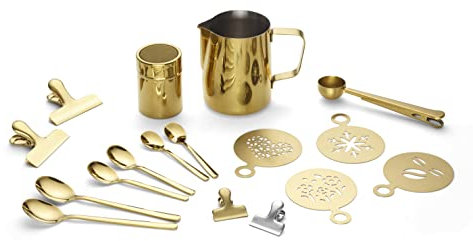 ECHTWERK Kaffeezubehör-Set, 23-tlg, 600 ml, 4x Espresso-, 4x Cappuccino-, 4x Latte 4x Kaffeeclips, 4x Kaffeeschablonen, Kaffeemesslöffel, Gold Barista-Art