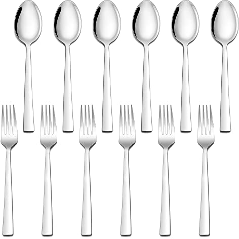 Gabeln und Löffel Set, Herogo 12 Stück Edelstahl Tafellöffel und Tafelgabeln, Silber Besteck Set für Zuhause/Restaurant, 6 Esslöffel und 6 Gabel, Gesund & Langlebig, Spülmaschinenfest