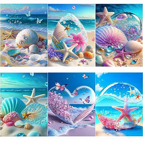Kikuo Diamond Painting Full Set, 6 Stück 5D Diamant Painting Bilder, DIY Diamant Painting Full Drill Strand Seestern, DIY Diamond Painting Malerei für Kinder Erwachsene Wohnzimmer Wand Decor 30x40cm