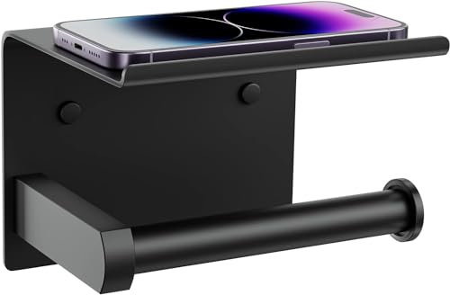 Tindbea Toilet Paper Holder with Phone Shelf, Adhesive or Screw Wall Mount Toilet Tissue Roll Holder, Rustproof & Multifunctional Stainless Steel Bathroom Storage Dispenser (Matte Black)