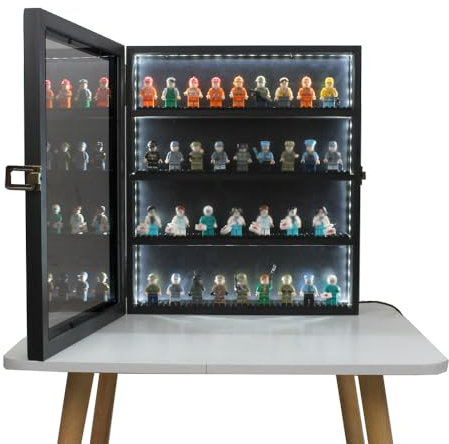 Display Case With Colour Changing Lights - Minifigure Shelves With Small Pellet Base Plate, Lockable Removable Black Design