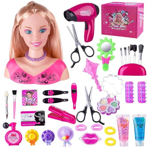 Weendiypty 38PCS Hair Styling Doll Head Makeup, Practice Pretend Play Beauty Set with Hairdryer Curling Brushes Comb Birthday Gifts