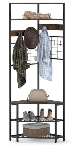 COSTWAY Corner Coat Rack Stand with Shoe Storage Bench, 183cm Freestanding Hall Tree with 12 Metal Hooks and Shelves, Metal Frame Clothes Rack Hanger Organiser for Hallway Bedroom Closet, Rustic Brown