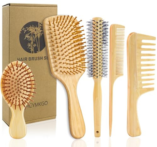 HEYMKGO Hair Brush Set, 5Pcs Natural Bamboo Paddle Detangling Brush for Women and Men, Round Brush, Wide-Tooth and Tail Comb with 2 Size Brush - Reduce Frizz, Travel & Family-Friendly Hair Care Kit