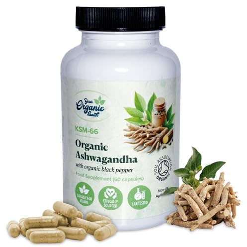 Your Organic Health - Organic Ashwagandha KSM-66-6000mg High Strength Potent 12:1 Extract - 60 Capsules: 2-Month Supply - with Black Pepper - Stress Relief Supplement - Soil Association Certified