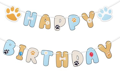 SAVITA Dog Happy Birthday Banner, Cute Paw Print Pattern and Letter Garland for Kids Boys Girls Reusable Cartoon Dog Themed Birthday Party Hanging Decorations Supplies