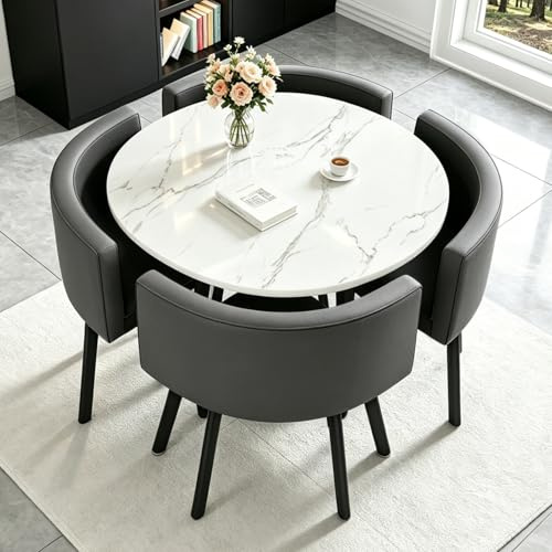 AMZSEW Round Dining Table and 4 Chairs Set - for Kitchen Space Saving