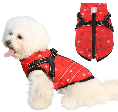 Mitili Manteaux d'hiver pour Chien Imperméable, Manteau Chien Hiver avec Harnais, Veste d'hiver Chaude pour Chiens avec Doublure en Polaire, Vêtements Gilet pour Petit (Flocon Neige, M)