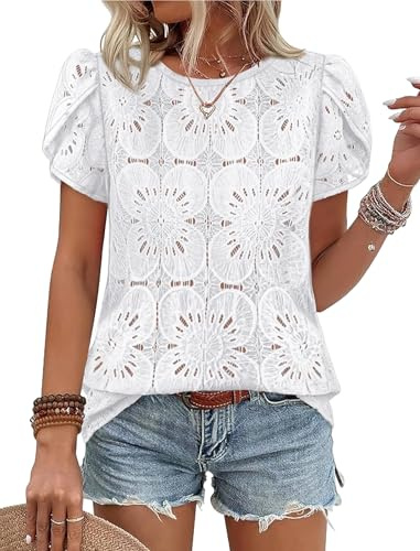 OFEEFAN Blouses for Women Dressy Casual Boho Short Sleeve Shirts Crochet Lace Spring Fashion Summer Outfits Travel Vacation Business Work Clothes White L