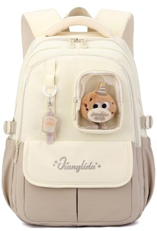 Amythe Schulrucksack für Mädchen 1.-5. Klasse, Schulranzen Mädchen Leichter mit Trolley-Gurt und Plüschtier, Lässiger Schultasche Kinder für Schule, Reisen und Sport, Braun