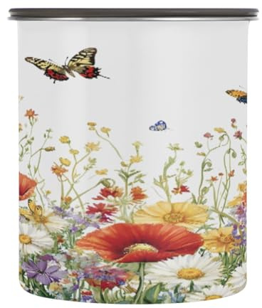 WELLDAY Coffee Canister Meadow Wildflowers Airtight Stainless Steel Coffee Container, 30 OZ Food Storage Container for Coffee Beans, Ground, Sugar, Tea, Flour, Rice
