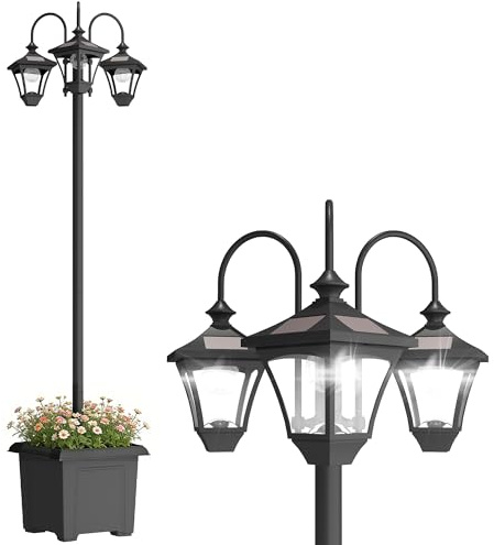 Outsunny Lampione da Giardino Solare a 3 Teste 1.85 m, Lampada da Giardino in Acciaio Inox con Altezza Regolabile, Accensione/Spegnimento Automatico, Impermeabile per Esterno Patio Cortile Vialetto