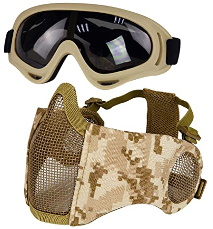 Yzpacc Airsoft Mask with Goggles, Foldable Half Face Airsoft Mesh Mask with Ear Protection for Paintball Shooting Cosplay CS Game (DD)