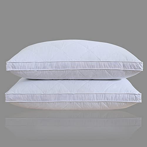 Three Geese Pack of 2 White Goose Feather Polyester Bed Pillows Queen/Standard Size- Soft 600 Thread Count 100% Cotton, Medium Firm,Soft Support Surround Fill Polyester,White Solid