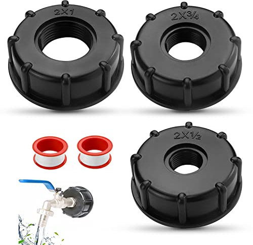 WZYTEU 3 accesorios IBC para tanque, rosca interior, adaptador IBC 1 3/4 1/2 para barriles de lluvia, grifo, grifo de paso, depósito, con 2 bandas de sellado, color negro