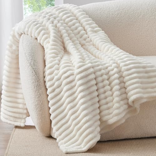 BEDELITE Fleece Throw Blanket for Couch - 300GSM Soft & Warm Fluffy Cream White Blanket, Decorative and Giftable Striped Blankets for Women, Men, 50x60