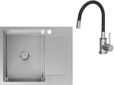 VBChome Edelstahlspüle mit Armatur 60 x 48 cm Gebürsteter Edelstahl Einbauspüle mit Zwei Löcher Spüle Groß Becken Küchenspüle mit Abtropffläche Siphon