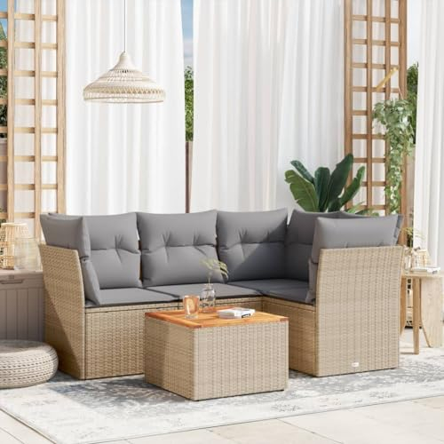 ULUYYUC Ensemble de 5 canapés de jardin, groupe de bancs d'angle, lit d'invités, meubles de terrasse, canapé de sol, convient pour l'extérieur, balcon, arrière-cour, jardin avec coussins, beige