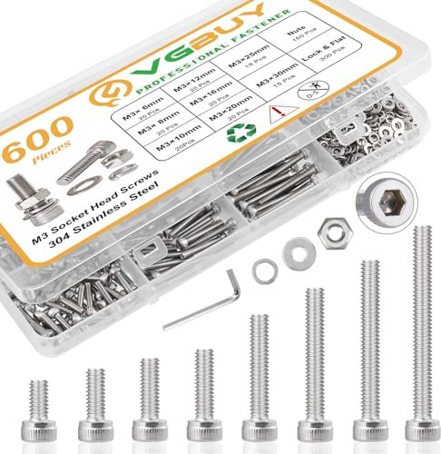 VGBUY 600pcs M3 Screw Assortment Kit, M3 Screws (8 Sizes 6-30mm) for 3D Printer DIY, Hex Socket Head Cap Screws Bolts Nuts Washer Kit, 304 Stainless Steel, 6/8/10/12/16/20/25/30mm