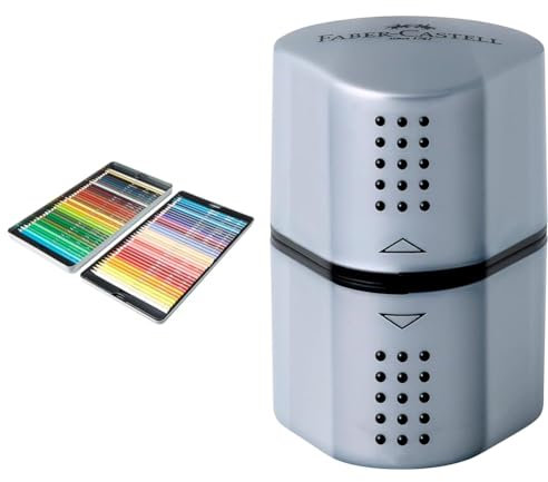 Amazon Basics Buntstifte in Blechdose, 72 Stück, Farblich sortiert & Faber-Castell 183800 - Dosenspitzer Grip 2001, 3in1, Anspitzer mit Behälter für Blei- und Buntstifte
