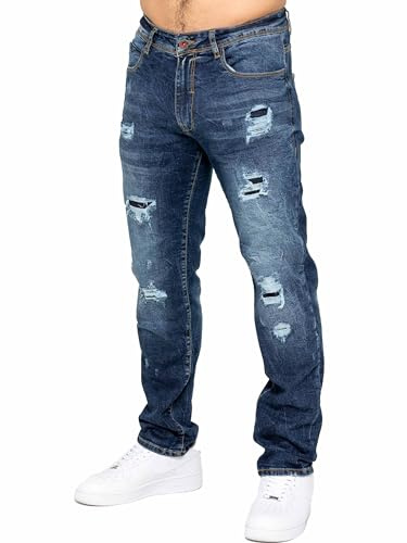 989Zé ENZO Mens Jeans Distressed Casual Straight Regular Fit Ripped Denim Trousers Pants MJ9 Jeans Dark Blue 34