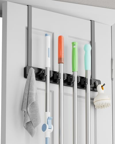 BS-VOG Colgador Escobas y Fregonas para Puerta, Colgador Escobas con 4 Estantes y 2 Ganchos, Soporte de Madera para Puerta en Negro, Organizador de Herramientas de Lavandería para Armario Garaje