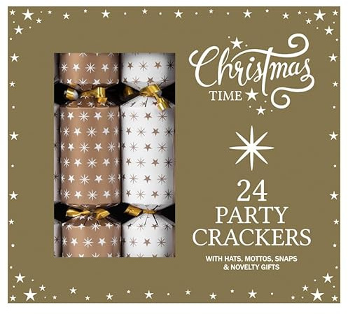 RSW Set of 24 Christmas Crackers - White and Gold Star Design - 9” - Perfect for Christmas Celebration - Festive Table Decoration Xmas Party Celebration