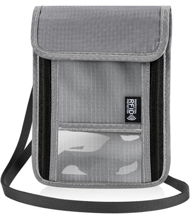 Pochette Tour de Cou Voyage avec Bloqueur RFID Porte Passeport Portefeuilles Telephone Portable Portedocuments pour Homme Femme Pochette Secrète Imperméable avec 3 Compartiments et 10 Fentes(Gris)