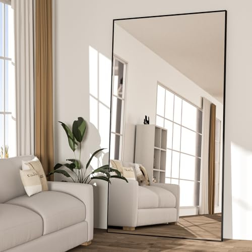 NEUWEABY Full Length Mirror 198x96cm Black Floor Mirror with Stand Large Full Body Rectangle for Bedroom Aluminum Alloy Thin Frame Standing Hanging or Leaning Against Wall