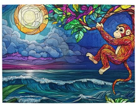 CDSASHCA 500 pcs Adult Wooden Jigsaw Puzzle,Monkey on a Tree Under The Moon,Suitable for Home Decoration,Unique Adults Artworks，Exercising Brain Power,Improve intelli gence and Observation