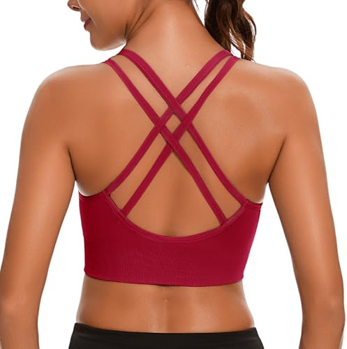 Leversic Sports Bra for Women Padded Yoga Bra Mid Impact Sports Bra Strappy Cross Back Crop Top for Fitness Yoga Gym(Wine Red,M)
