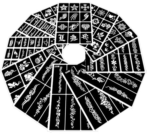 142 Piezas de Tatuajes Temporales, Kit de Tatuajes Falsos para Mujeres y Hombres, Plantillas de Pintura Corporal DIY, Stencils Brillantes Reutilizables (Estilo 2)