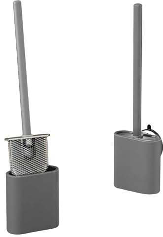 KOSLEOW Toalettborste i silikon med stativ, borstrengöring av toalettborstar, flexibelt platt huvud, vägg- eller golvmontering, hygieniskt och hållbart badrumstillbehör