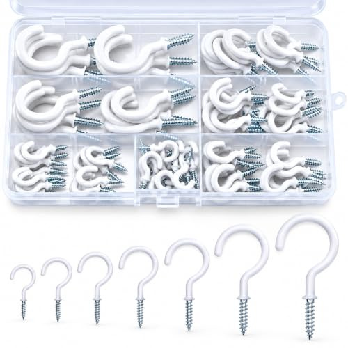 KINGLAKE 115 Pcs White Screw in Hooks (7 Sizes), Plastic Coated Mug Cup Hooks Wall Ceiling Hook for Wood, Under Cupboard, Cabinet Shelf, Hanging Plant and Kitchen Utensils