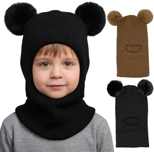 GYIOFAI 2 Pezzi Cappello Passamontagna Bambino Inverno Bambini Cappello Invernali Calda Cappuccio con Morbido a Maglia Sciarpa con Pompom per Bambini Ragazzi Ragazze 1-6 Anni (Cachi e Nero)