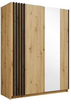 Vente-unique ñ Armario con 2 Puertas correderas ñ con Espejo ñ 150 cm ñ Color: Natural y Negro ñ CALELA