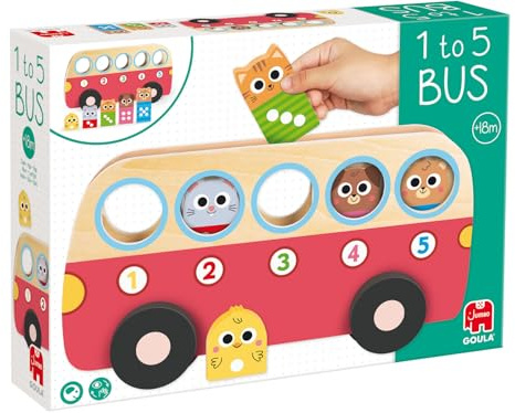 Goula - Autobús de 1 a 5 - Autobús de Madera para Niños Pequeños a Partir de 18 Meses – Juguete Educativo para Contar 1 – 5 con Sistema de Ranuras Autocorrectivo y 5 Figuras de Animales