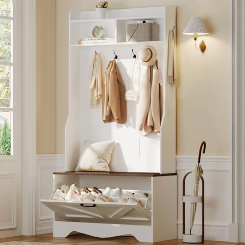 DSNAPE Hall Tree with Bench, Entryway Bench with Coat Rack and Shoe Cabinet, Flip Drawers, Farmhouse Hall Tree with Shoe Organizer, White and Walnut
