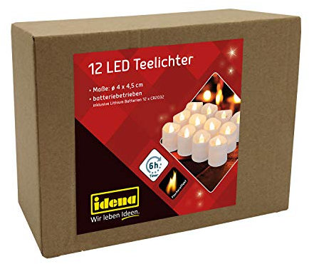 Idena 30469 - Bougies chauffe-plat LED, 12 pièces, bougies électriques avec lumière vacillante, piles incluses, fonction minuterie 6 heures, décoration pour mariage, fête, comme lumière d'ambiance