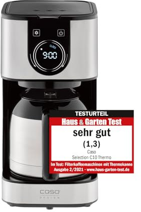 Caso Selection C10- Testurteil Sehr Gut, Thermo Kaffeemaschine mit 1,2 L Thermoskanne, Timer, aus Edelstahl mit Permanentfilter für 10 Tassen, Edelstahl, Schwarz