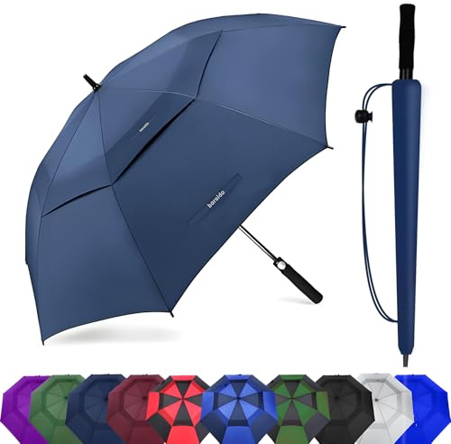 Baraida Grand parapluie de golf surdimensionné à double auvent ventilé, coupe-vent, imperméable, à ouverture automatique pour homme, femme et famille (183 cm, bleu marine)