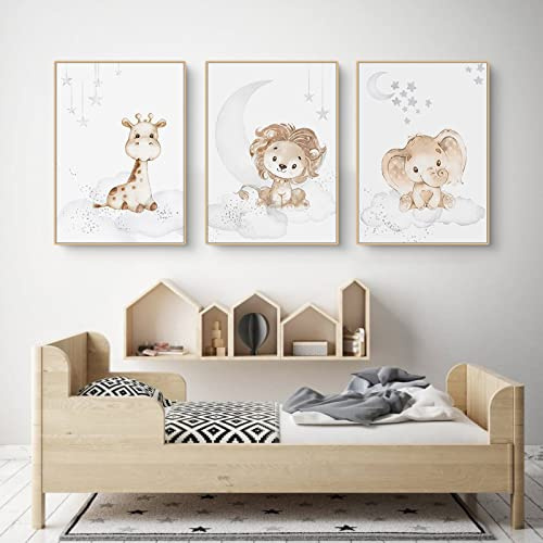 EXQULEG Set med 3 affischer för barnrum - Liten kanin, giraff - Bilder för barnrum - Utan ram - Djurmotiv - För pojkar och flickor - A: 30 x 40 cm
