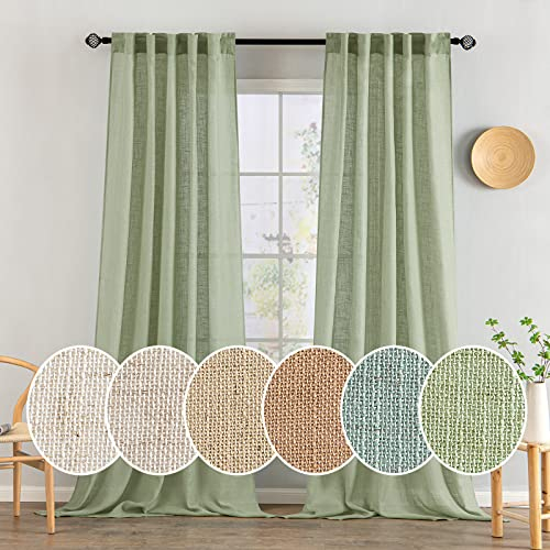 MIULEE Gardinen Vorhänge mit Kräuselband Voile Vorhang Modern Leinenoptik Halbtransparent für Wohnzimmer Schlafzimmer Schiebevorhang 2er Set Stores Grün 260x140 cm