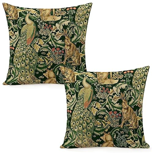 Set of 2 William Morris Pillow Covers, Green Forest, Animals, Peacocks, Fox, Hare, 45.7 x 45.7 cm, Aesthetic Pillow for Bedroom and Living Room, Velvet Pillow Cover for Decoration