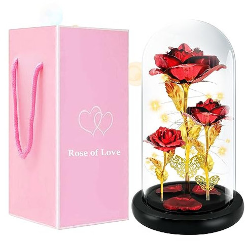 YeahBoom Rose im Glas,Rose in Glaskuppel mit Lichter,Nachts Leuchtende Rose,Schöne & Biest Rose für Freundin Mutter Frau,Künstliche Blumen Rose,Muttertagsgeschenk für Mama,Valentinstag Weihnachtsdeko