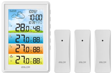 HONPHIER Wetterstation Funk mit 3 Außensensor Digital DCF Funkuhr Thermometer Hygrometer Innen und Außen Funkwetterstationen Wettervorhersage, Barometer - Batteriebetrieb und Netzbetrieb (Weiß)