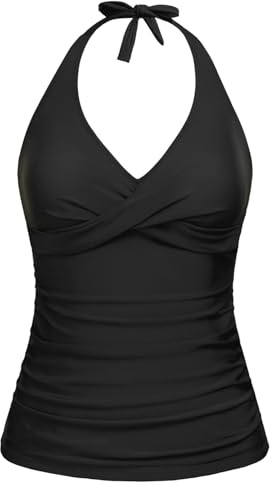 Tempt Me Women's Black Tankini Top Halter Tummy Control Swim Tops Only Twist Front V Neck Bathing Suit No Bottom M