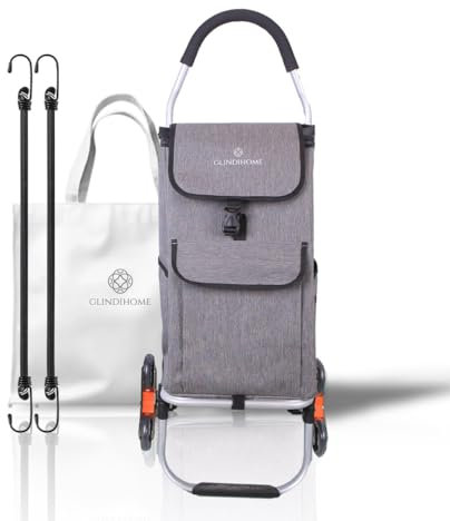 GLINDIHOME Carro Compra Plegable de Aluminio con 6 Ruedas y Bolsa Impermeable Desmontable de 50L. Carrito Compra Ideal para Subir Escaleras. Incluye Bolsa y Cuerdas Elásticas para Sujetar Cajas. Gris