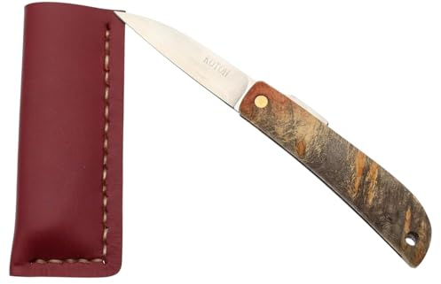 Japanskt Fällkniv Handgjord Fickkniv MR. KOTOH Rostfritt Stål VG-10 och Trähandtag, Tillverkad i Japan, 3-Lags Blad, Läderfodral, HRC 60 (Padauk Burr)